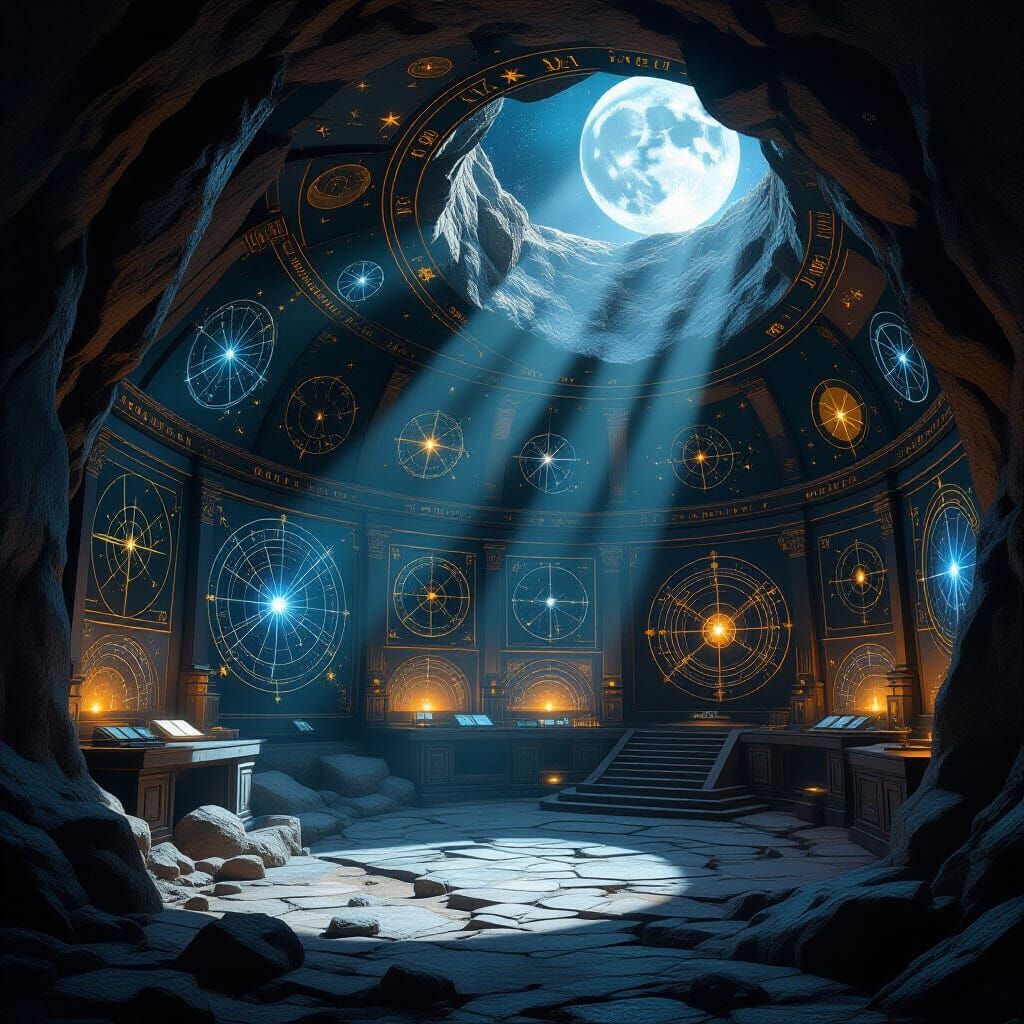 A hidden chamber within a mountain, revealed to be an ancient observatory filled with celestial maps and complex astronomical devices. The w...
