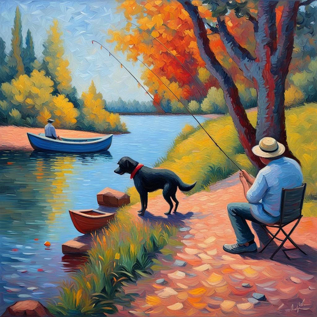 Dog sitting by water while man fishing in colourful surround...