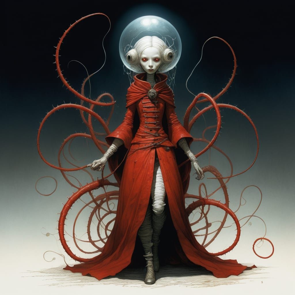 Abstract expressionism. A solitary, ethereal electric futuristic zombie-patrol with flowing-Zulu-cat and comic potatoes, standing amidst pun... - Start Image 1