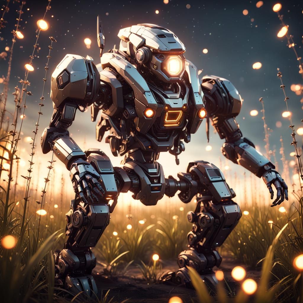 mecha suit in the middle of a field at night surrounded by f...