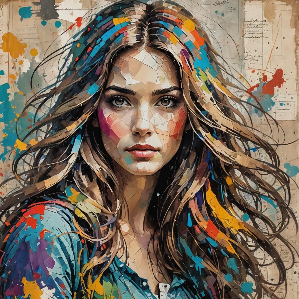 a colorful canvas mix media art of female
