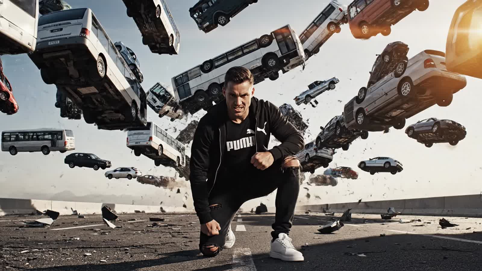 Podpowiedź: ultrarealistyczna kinowa scena akcji, z moją twarzą na miejscu. Mam na sobie czarną kurtkę puma, czarną kosz...