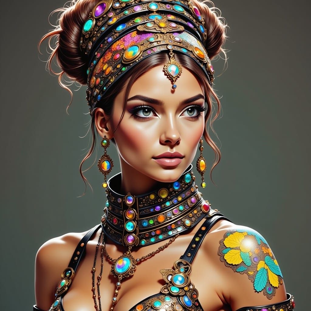 Hyperrealistic portrait of a beautiful woman wearing intricately detailed colorful clothing and futuristic jewellery. <lora:Caffeinated Wild...