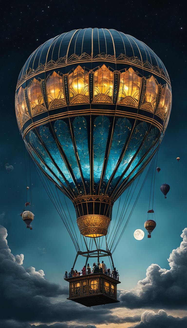 An illustration of an elaborate and ornate hot air balloon made of