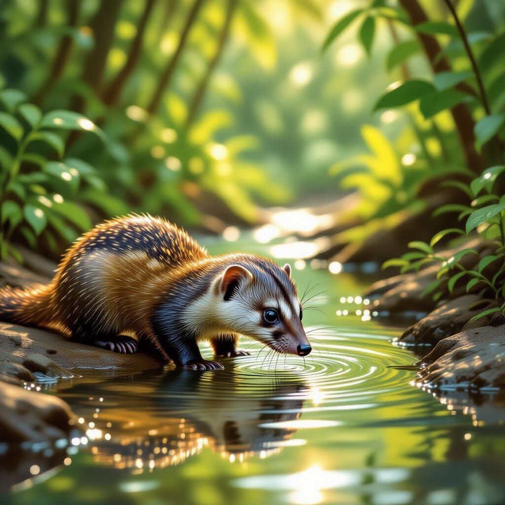 Mongoose Drinks From Jungle Stream in Painterly Style