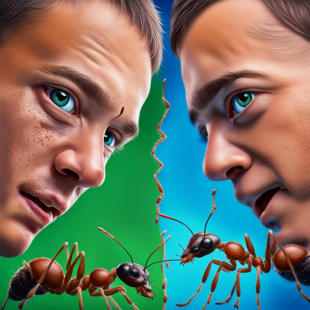 Hyperrealistic Ants and Boy in Colorful Split Screen