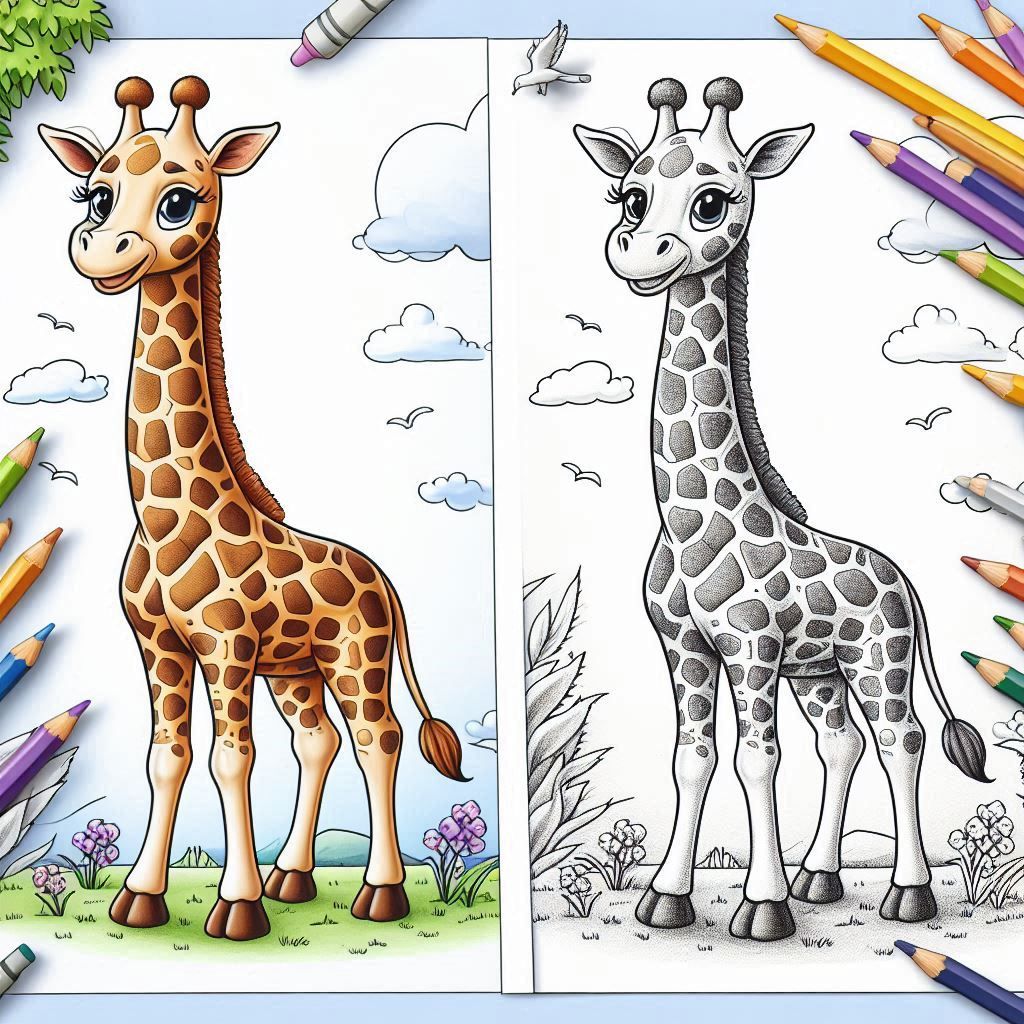 Draw a cute giraffe for baby Yahya wants to color it