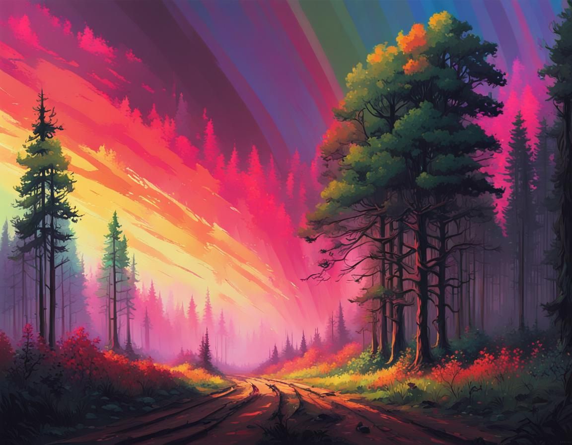 Rainbow Forest Matte Painting with Deep Color