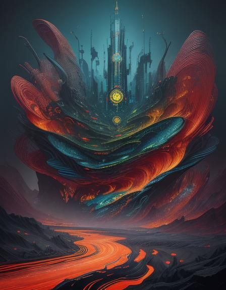 A surreal illustration depicting a landscape made of circuitry and data streams, representing the flow of information. Male energy.