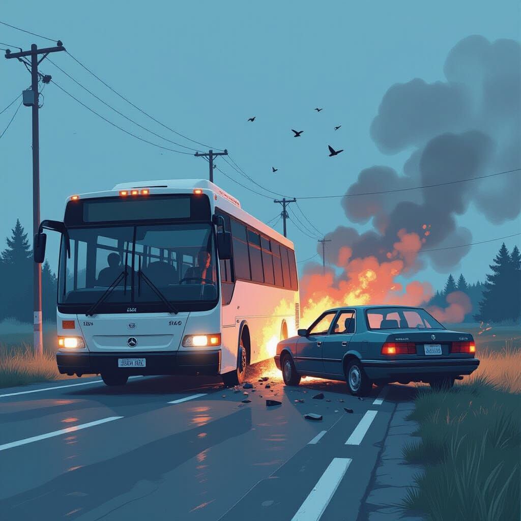 Dramatic Bus and Car Accident Scene