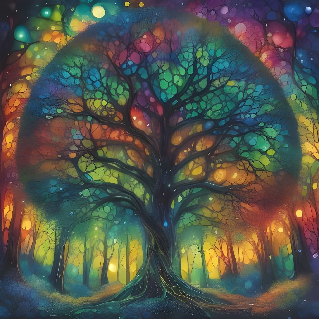 <lora:PR Stained Glass:1.0> a watercolor alcohol ink painting of a bioluminescent Tree Of Live with colorful leaves in a bioluminescent fore...