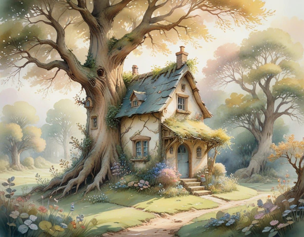 Imagine a quaint, crooked cottage nestled within the branches of an ancient tree, its walls adorned with delicate watercolor paintings depic...