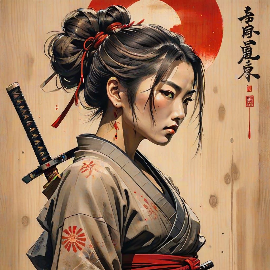 A highly detailed and dramatic painting of a young Japanese woman in a battle-worn samurai outfit, with ...  by @Slappy