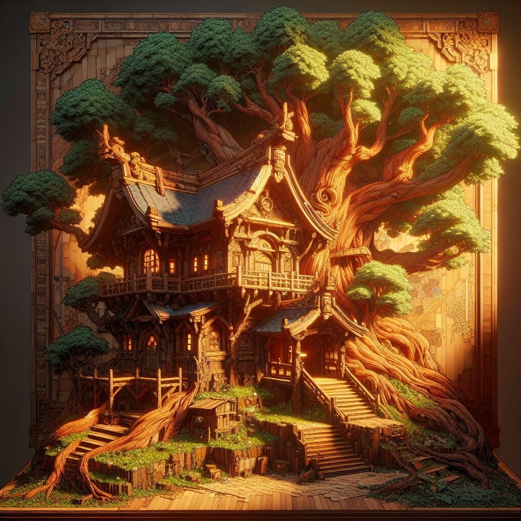 A high-quality image of a tree house that seems to have been...