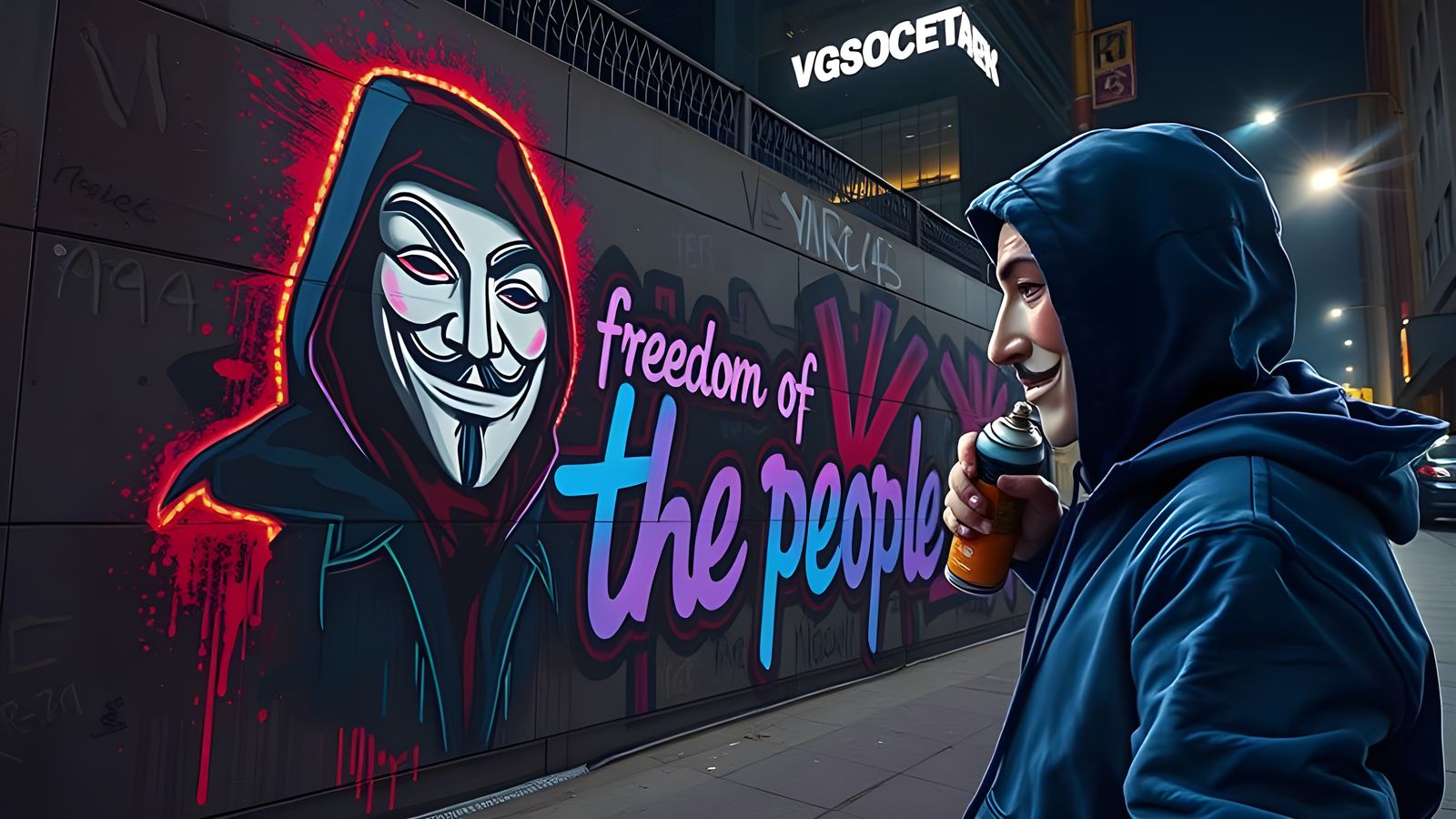 The image shows a wall in the middle of a city at night where you can see an impressive and colorful ...  by @Berserk89