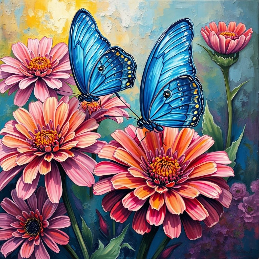 Wedged against the breadth of blue butterflies binge on zinnias   by @Iconoclast