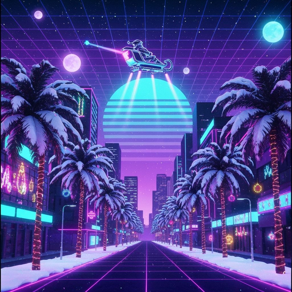 Retro-Futuristic Neon Christmas City with Chrome Santa
