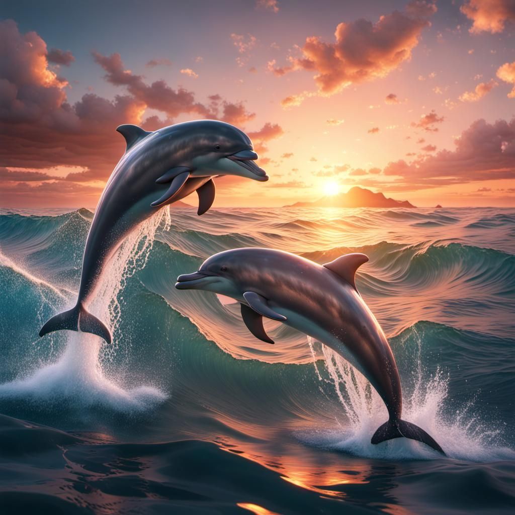 2 dolphins playing together in the sunset  by @Botania