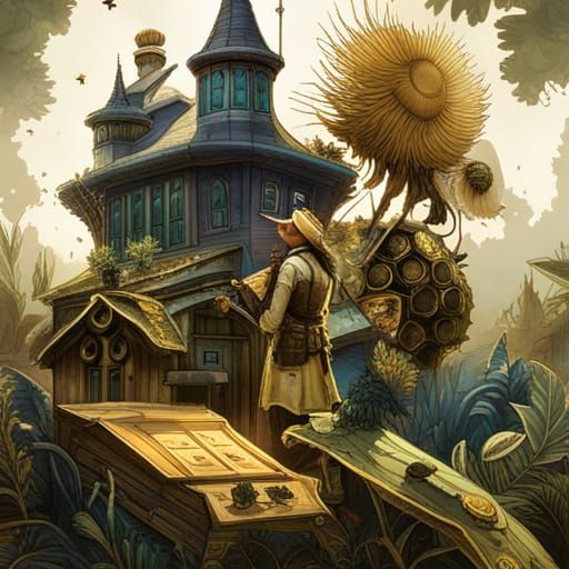 Steampunk Beekeeper with giant bumblebees in a cottage garde...