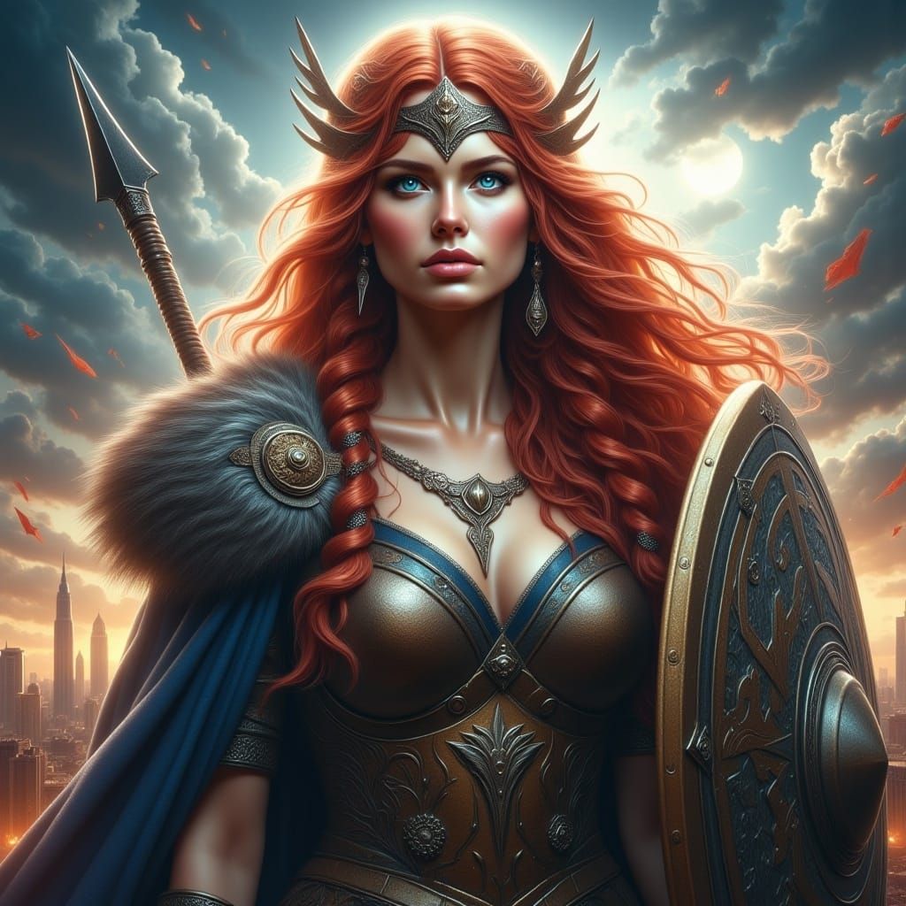 <lora:Illuminate:1.0> Digital art, Viking warrior, fair skin and dark auburn hair, enchanted weapon and shield, ethereal beauty, fierce dete...