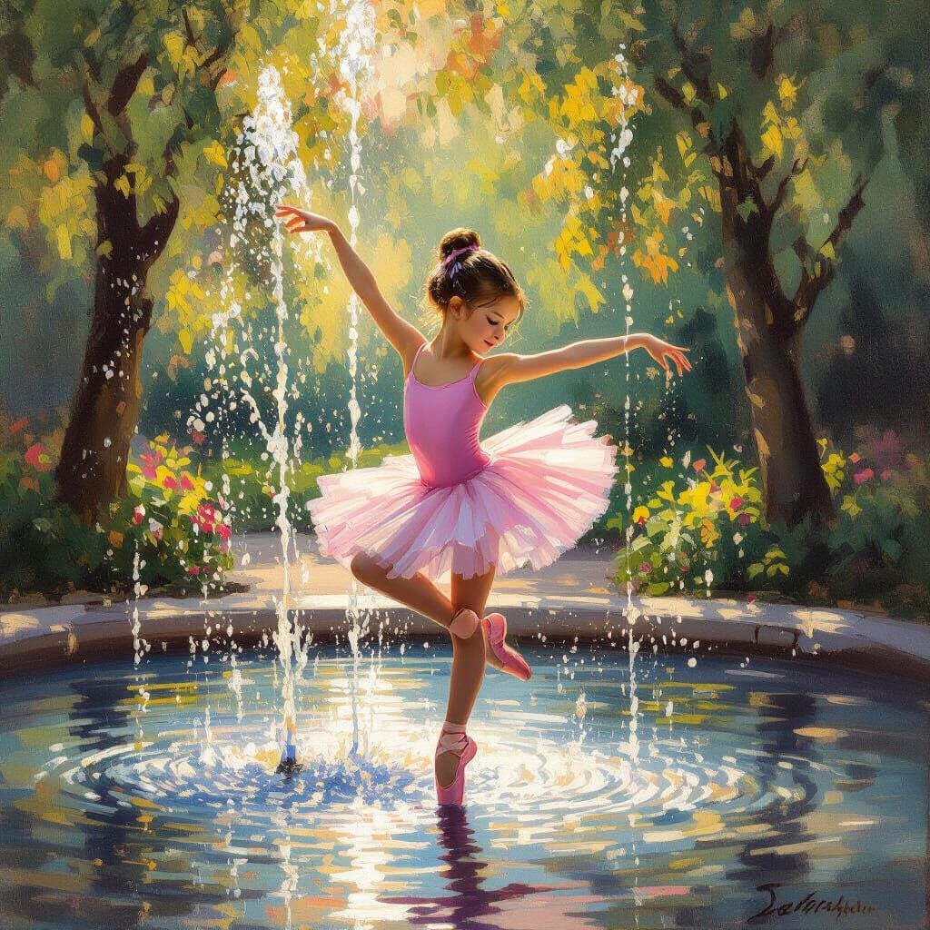 Ballet Dancer Leaping in Water Fountain as Impressionistic O...