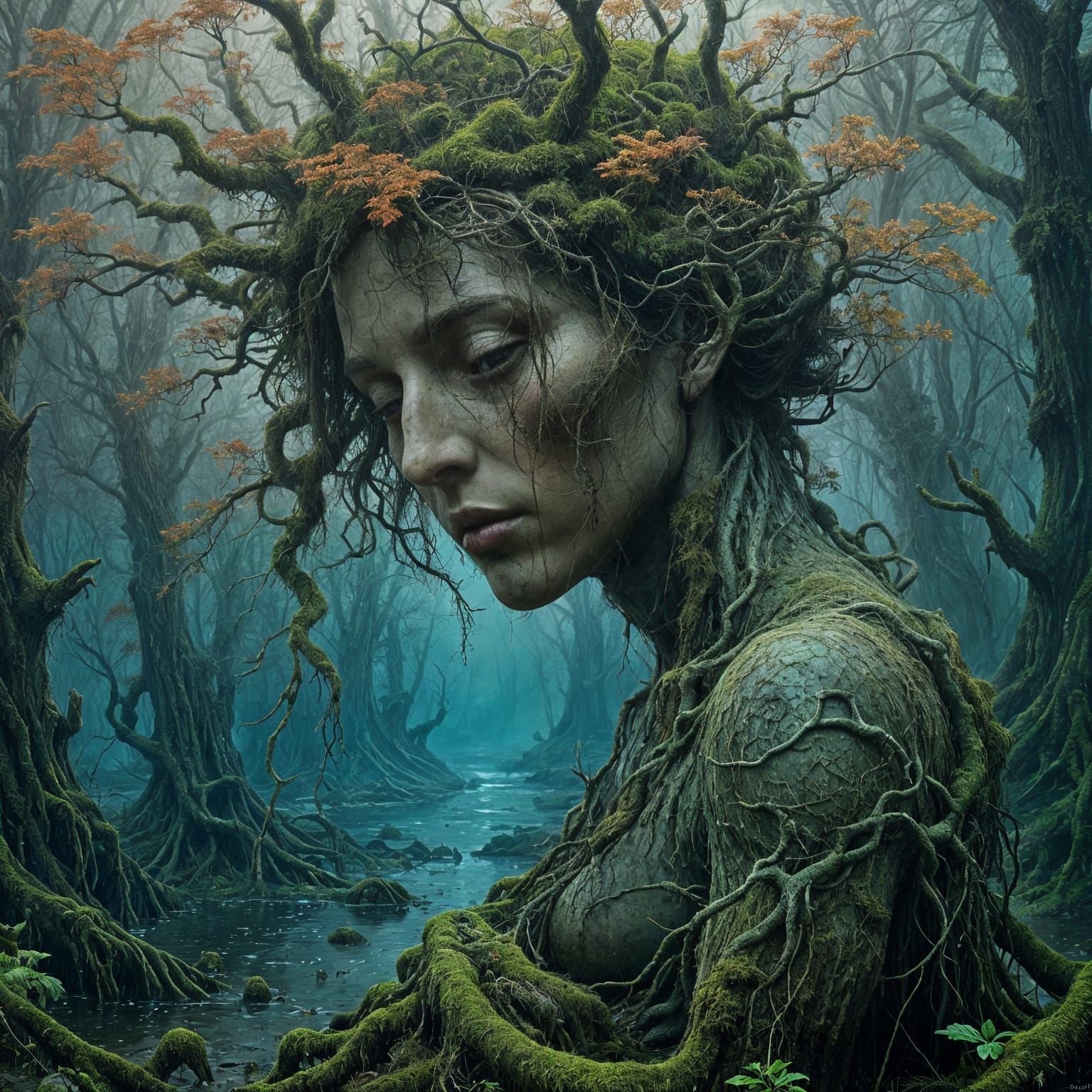 A lone, weathered statue of an ancient deity stands partially submerged in a misty, ethereal swamp  by @Maia