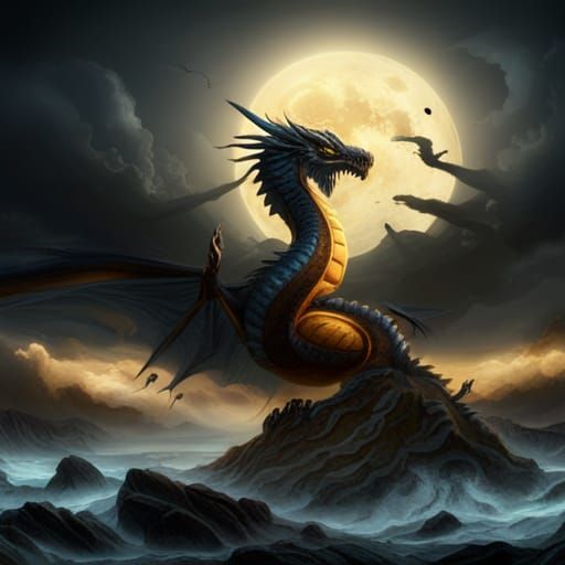 Detailed dark mysterious mythical dragon rising with glowing eyes under ...