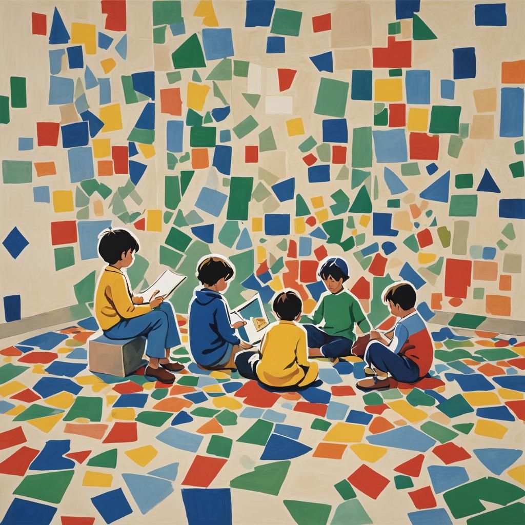 Minimalism three kids, cubism kids, kids sitting, kids playi...