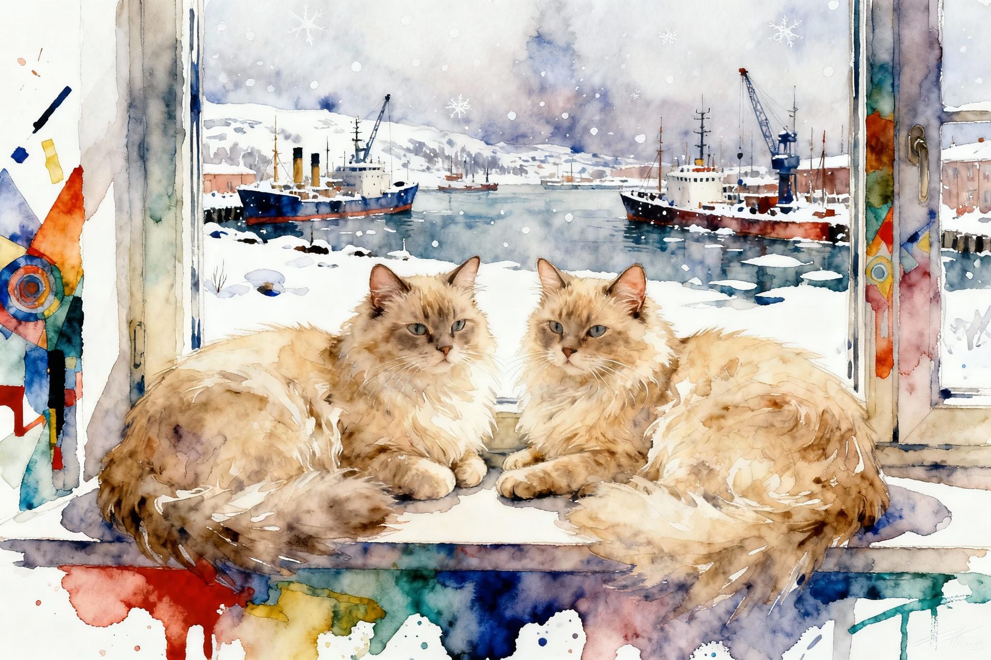 שתי חתולים- צבעי מים