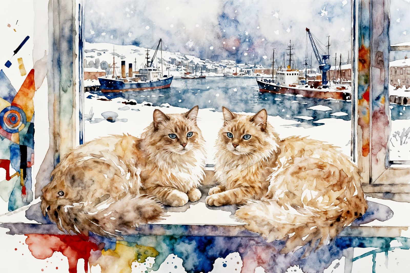 Two Furry Cats on Windowsill in Watercolor Style