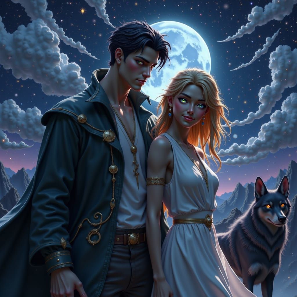 A dark-haired man with a strong jawline and piercing eyes, dressed in a fitted leather jacket, and a gold-haired woman with a kind smile and...