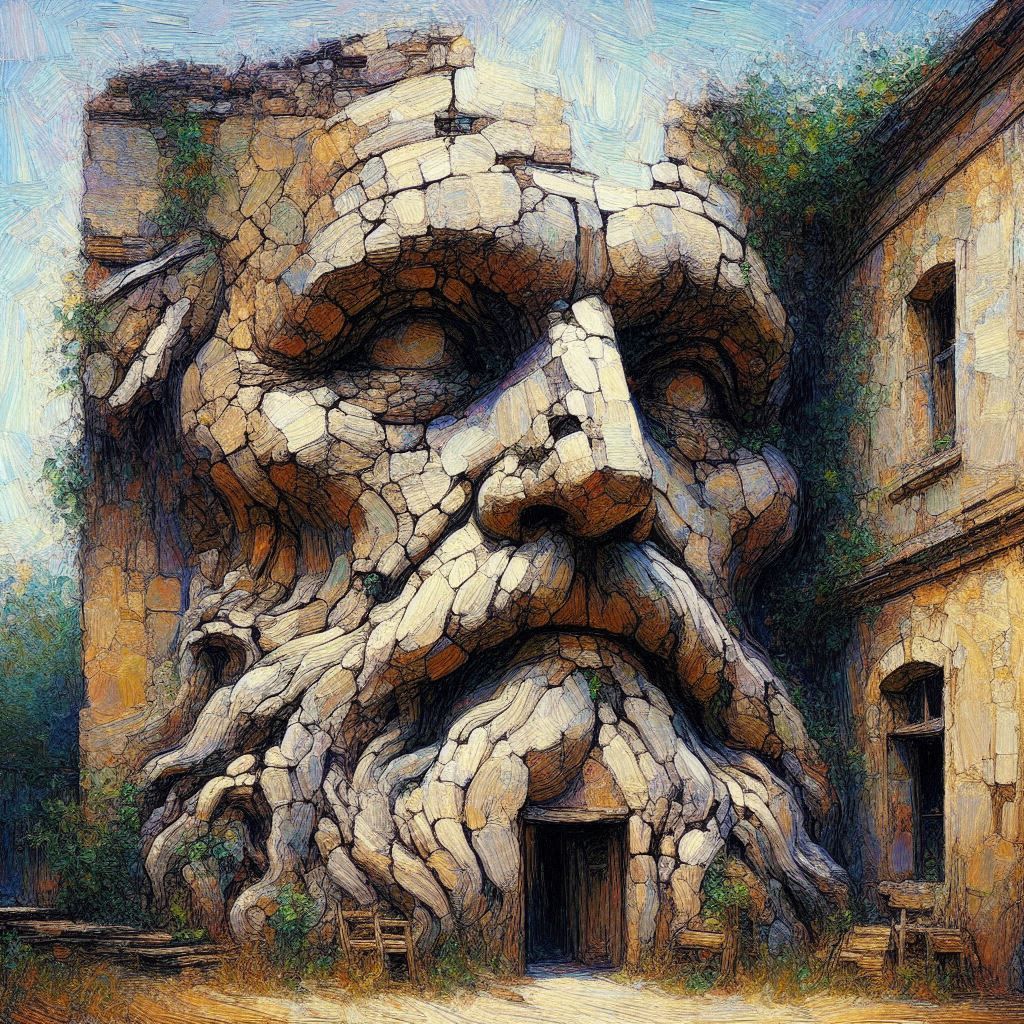 an old decrepit building in the shape an old man's head, cra...