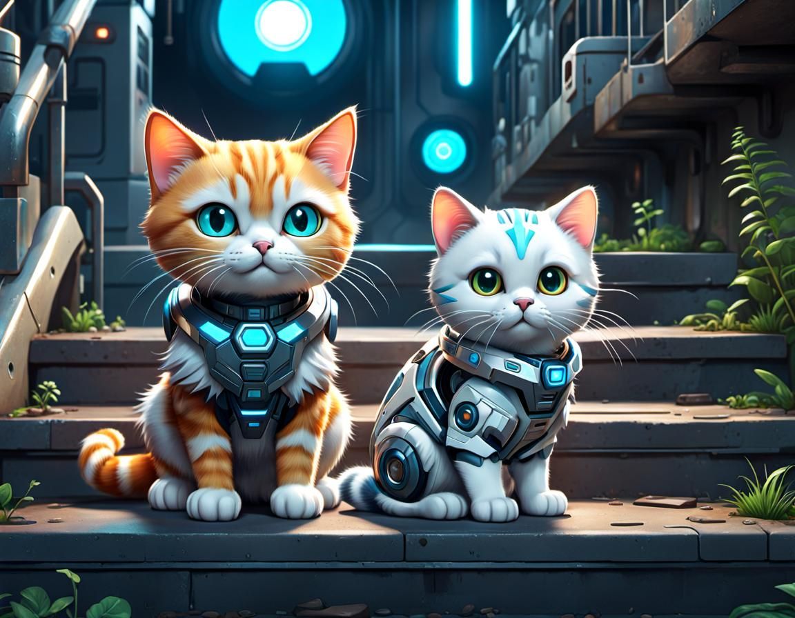 Adorable Cybernetic Cat in Futuristic Slum: Cartoon Style