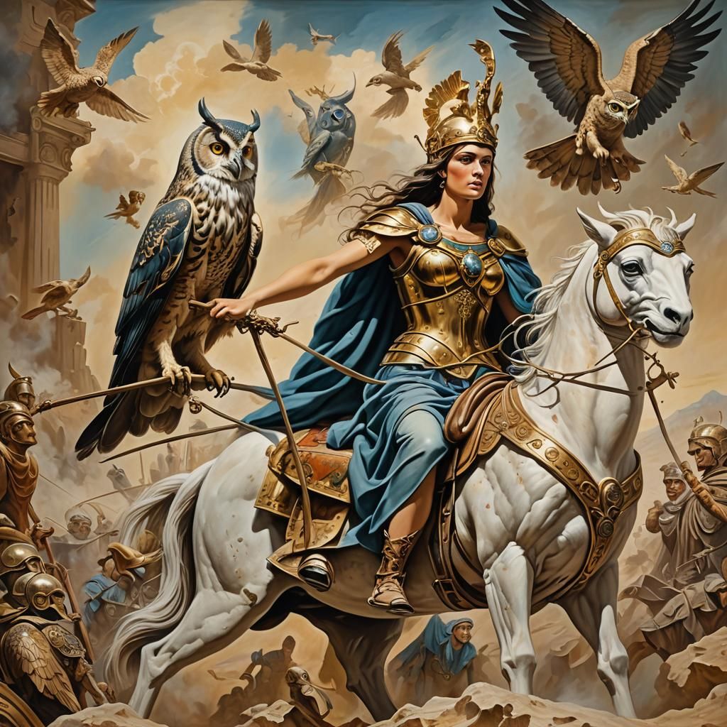 Athena's Battlefield Ride: Surreal Oil Painting