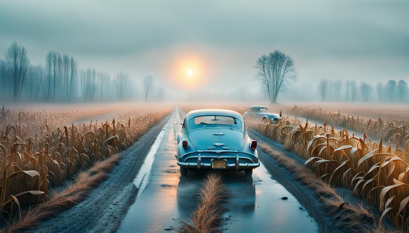 Abandoned cars and car tires on a gravel road cutting throug...