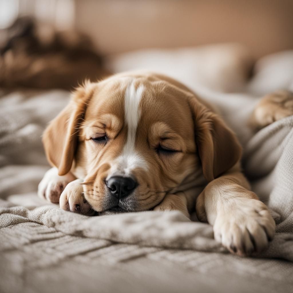 a sleepy puppy on a bed
