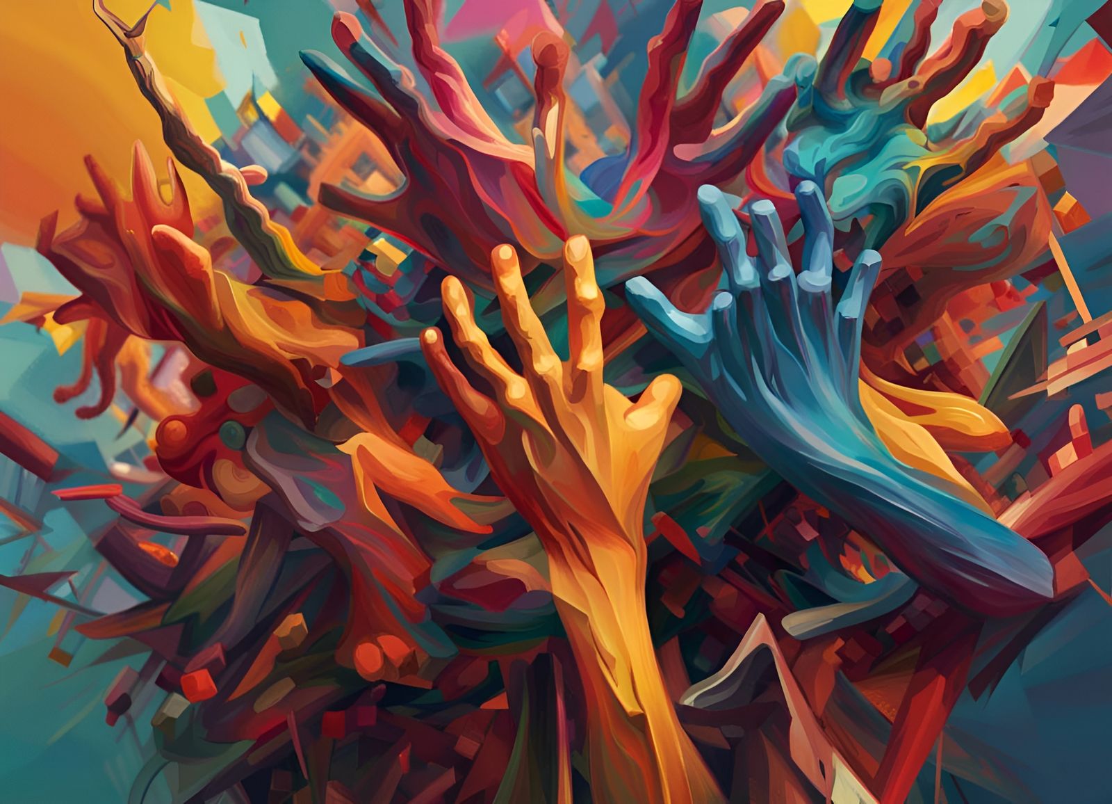 Shapes with multiple limbs in deviate colors . Hyperrealisti...