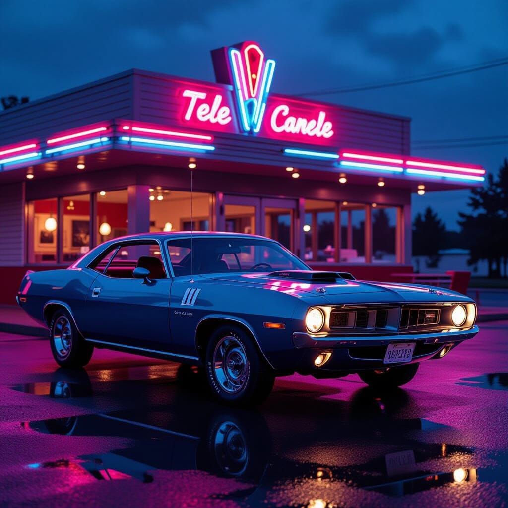 A gleaming 1970 Plymouth Barracuda parked in front of a retro, neon-lit diner, bathed in the vibrant ...  by @LaDonna 