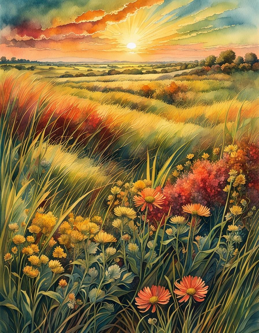 Ink & watercolor illustration : bright sage green,  brown,  dark yellow-ish coral color : Backlit by radiating sunrays, ...