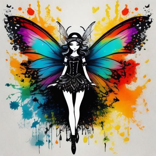 <lora:Inksplash Fairies:1.0> cool colors fairy, big eyes, symmetrical wings