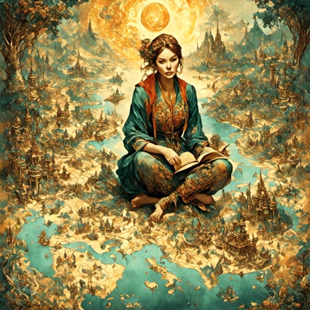 Woman on Map in Socialist Realism Style