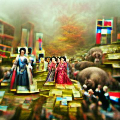 Jubilee empresses Mink ethereal fantasy hyperdetailed mist Thomas Kinkade Ukiyo-e Zdzisław Beksiński Heidelberg school b...