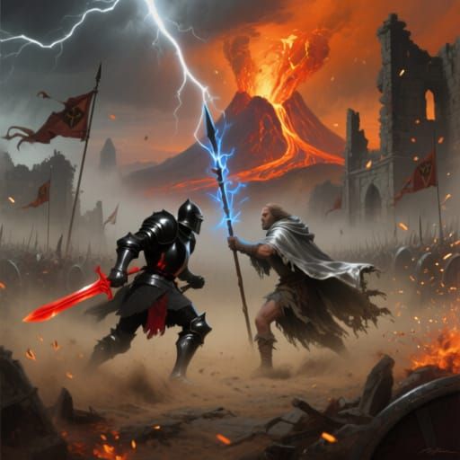 Epic Fantasy Battlefield: Warriors Clash Amidst Storm and Fi...