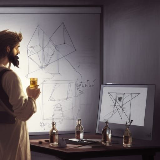Ancient Greek Pythagoras explaining his theorem on a whitebo...