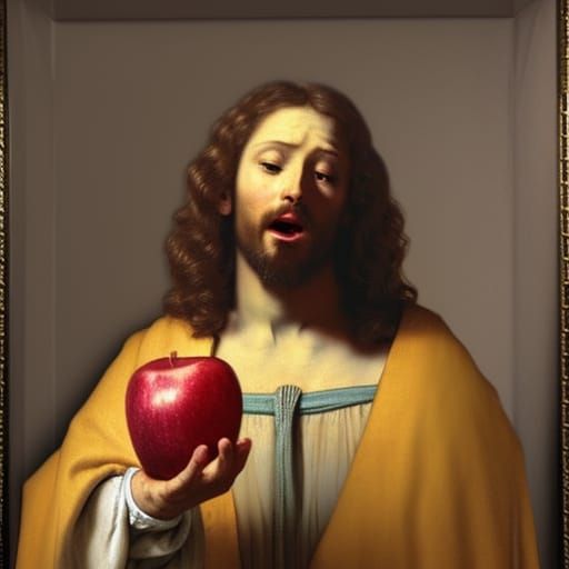 Jesus eating an apple from the golden tree, AN ULTRA-REALISTIC, IN THE ...