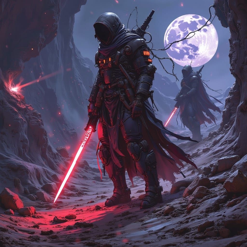 <lora:Badlands Flux:1.0> A magical cyberpunk assassin, glowing neon, night time atmosphere, ominous misty moon