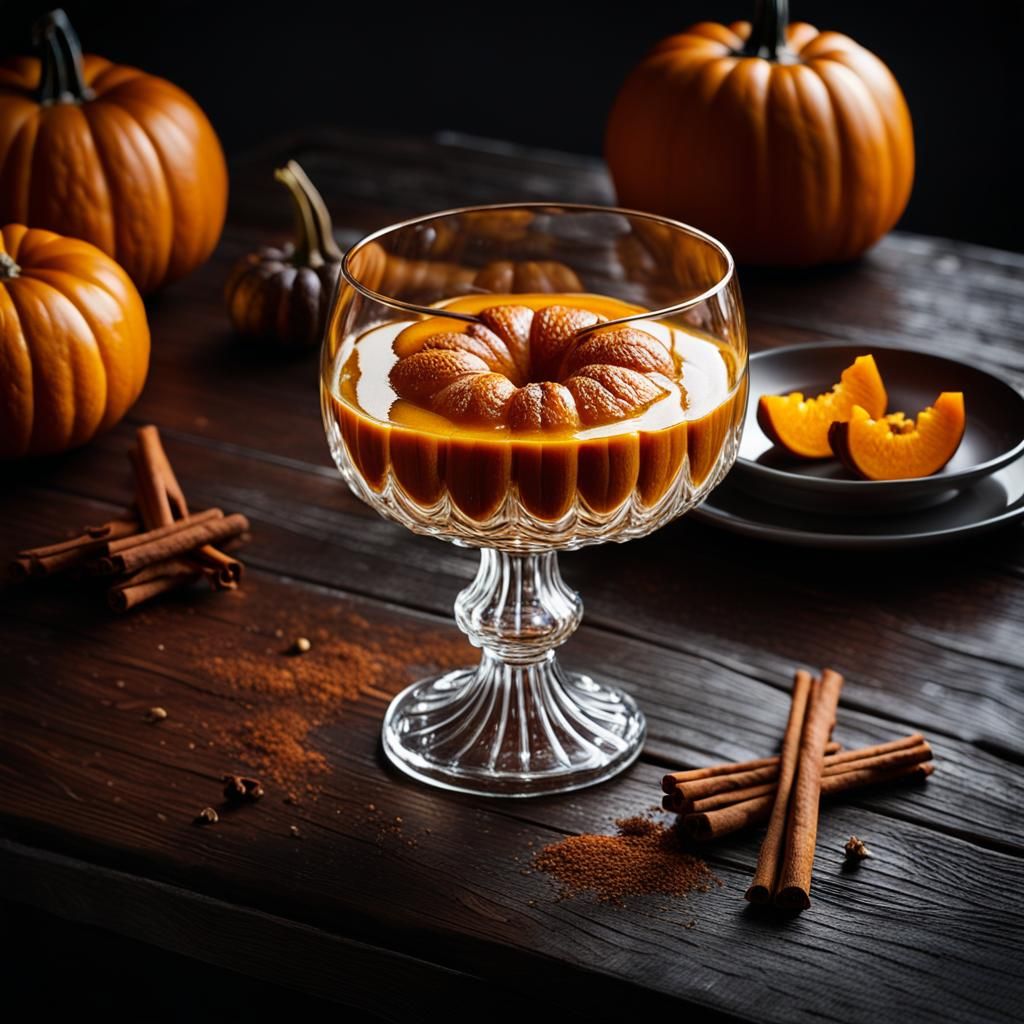 photorealistic stunning dark kitchen with beautiful glassware shaped as pumpkins on the dark wooden table, filled with delicious cinnamon pu...