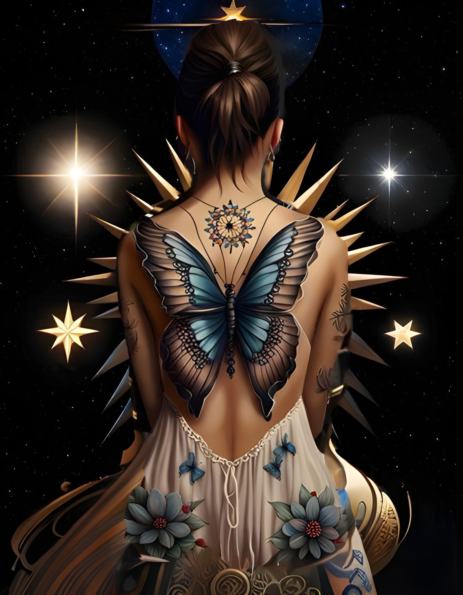 Beautiful Girl in Intricate Dress with Tattoo on her Back