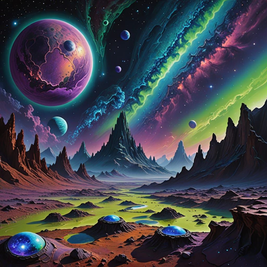 Alien on Rocky Planet in Surreal Oil Painting