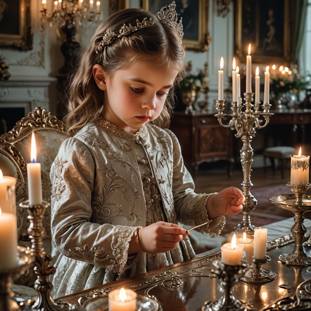 Victorian Girl Lights Candles, Cosmic Illustration